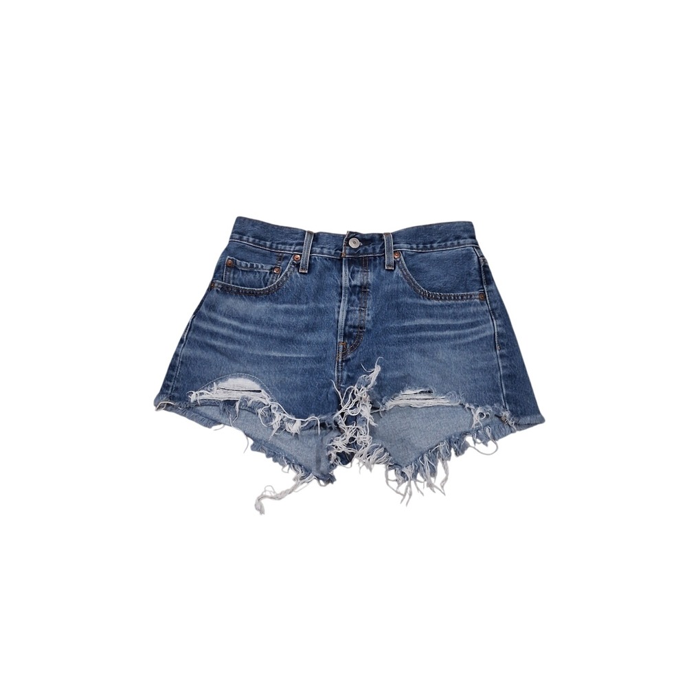 Levis 501 Original Distressed Denim Shorts Medium‎ Wash Blue Raw Hem Womens W28